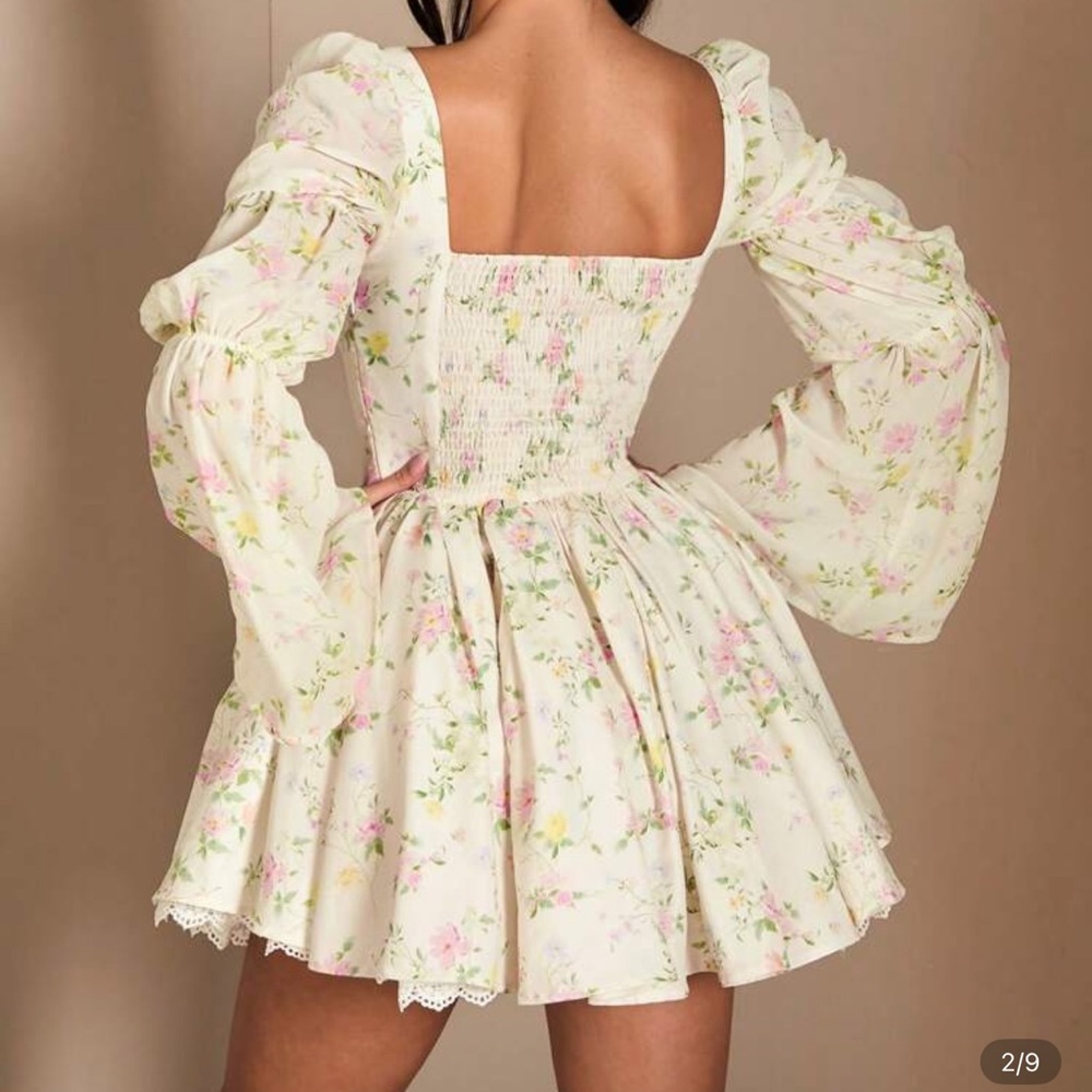 SHEIN Cream Floral Puff Sleeve Mini Dress - Picture 4 of 7